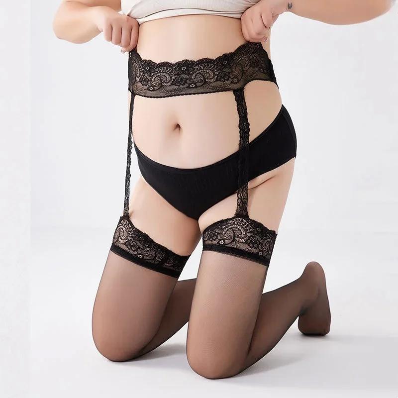 Plus Size Oversize Women Big Fishnets Suspender Lace Hollow Tights Garter Stockings High Waist Sheer Pantyhose Lingerie Xxxxxl
