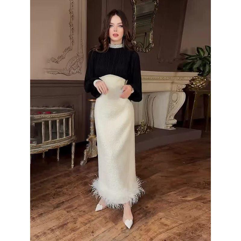 

Европейский и американский темперамент Полувысокий воротник Высокое чувство Приталенное Пушистое платье Рукав-фонарик Платье с разрезом Black spell White S