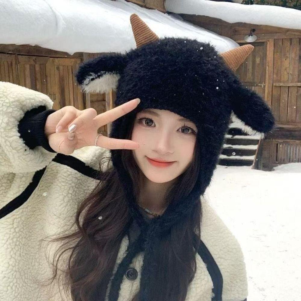 Fleece Lined Knitted Hat Korean Style Sheep Horn Hat Cute Trapper Hat Cold Weather