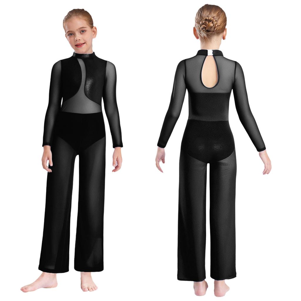 Transparenter Netz-Jumpsuit mit weitem Bein und Metallic-Effekt für Mädchen: Langarm Ganzkörper-Trikot mit Schlüsselloch-Rücken für Gymnastik und Bühnenauftritte
