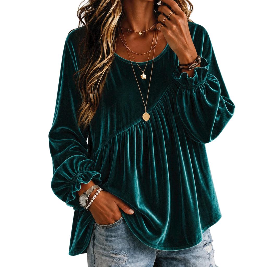 Women's Color Bell Sleeve Top with Round Neck and Long Sleeve