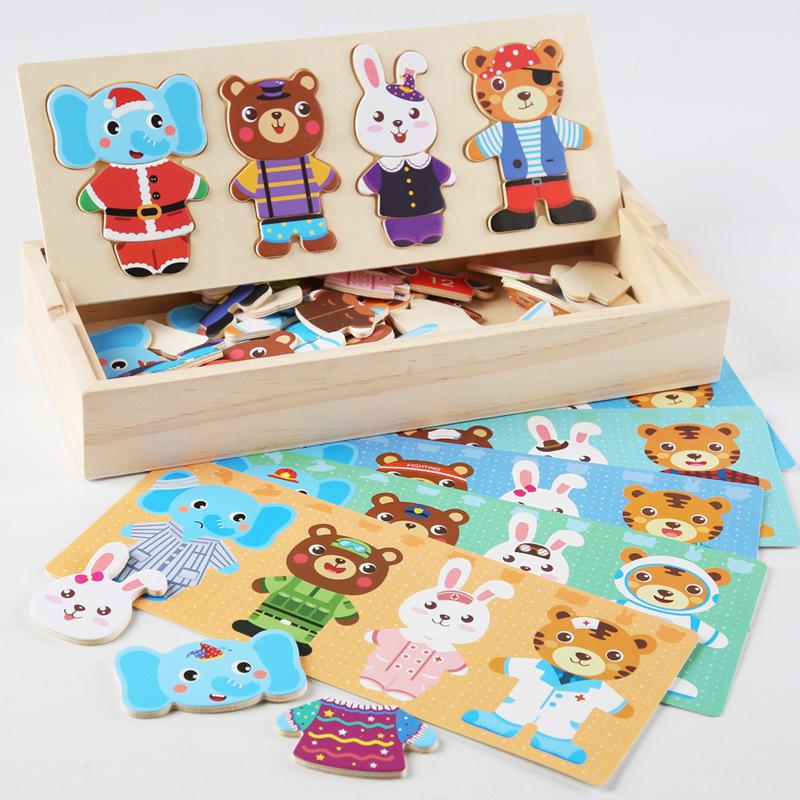 Wooden Dress Up Puzzles Montessori Toys Animal Bear Change Clothes Jigsaw Puzzle Box Matching Games Dressing Kid'S Travel Set