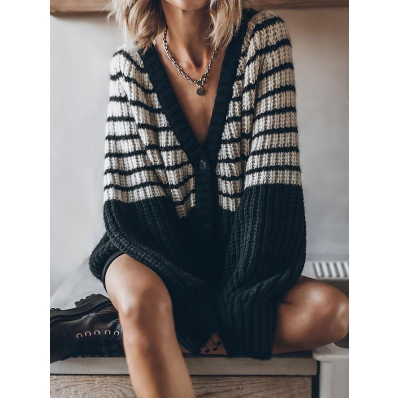 Women S Black White Striped V Neck Loose Knit Cardigan Sweater Coat