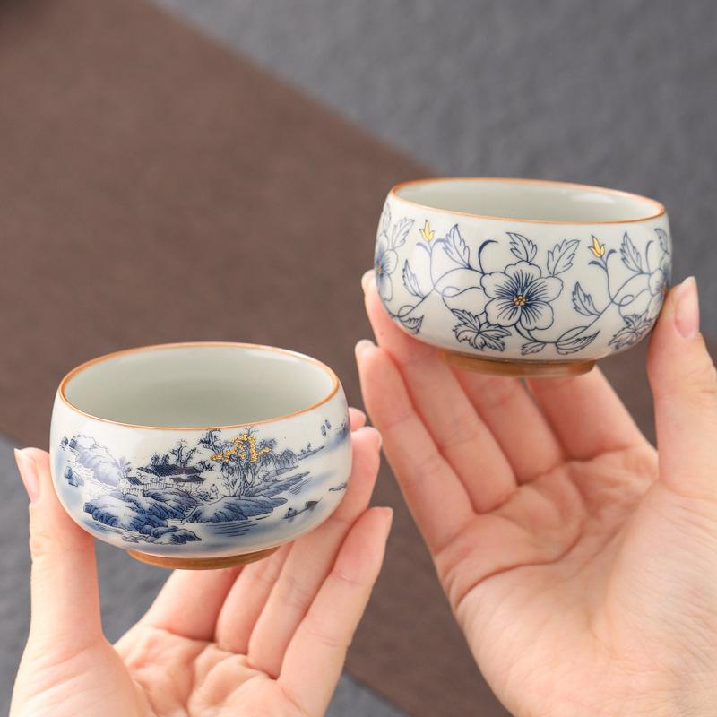 Large Ceramic Master Tea Cup Traditional Blue Beige Glaze Lohan Style for Home Use Gongfu Tea Set Luxury Drinkware