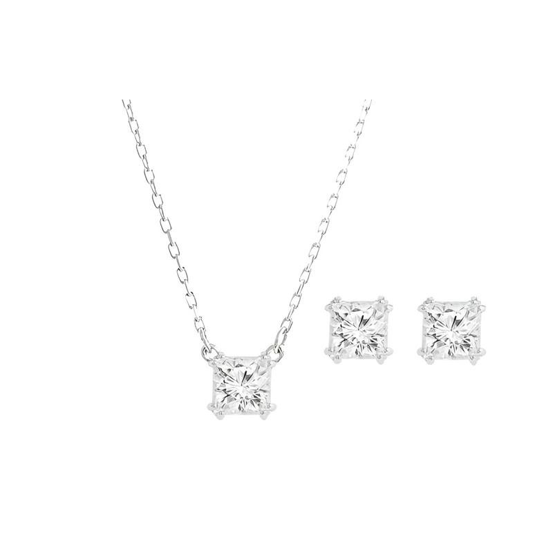 Swarovski Simple Square Solitaire Crystal Earrings Necklace Set for Women Silver 5033022