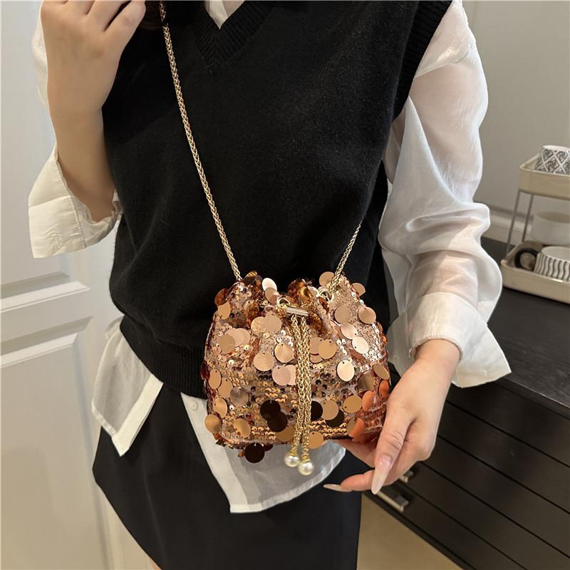 Sequins Fashion Design Women Single Shoulder Chain Bucket Bag With Tassel