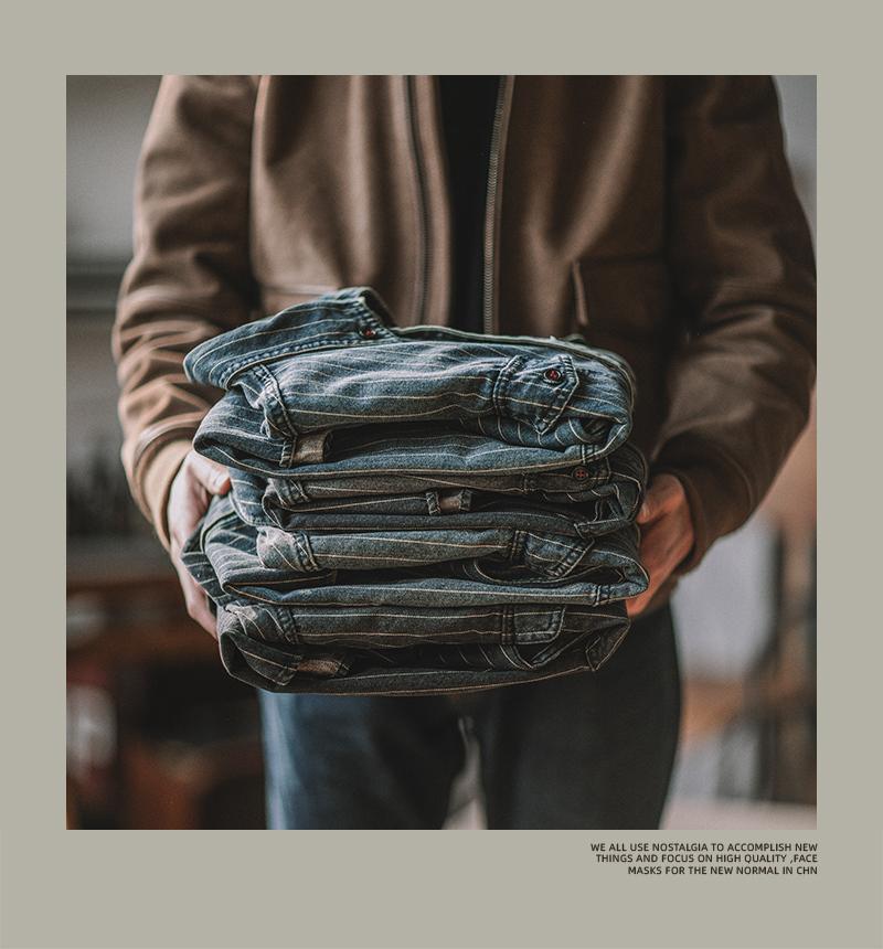 Herren Distressed Khaki Gestreiftes Denim Workwear Hemd