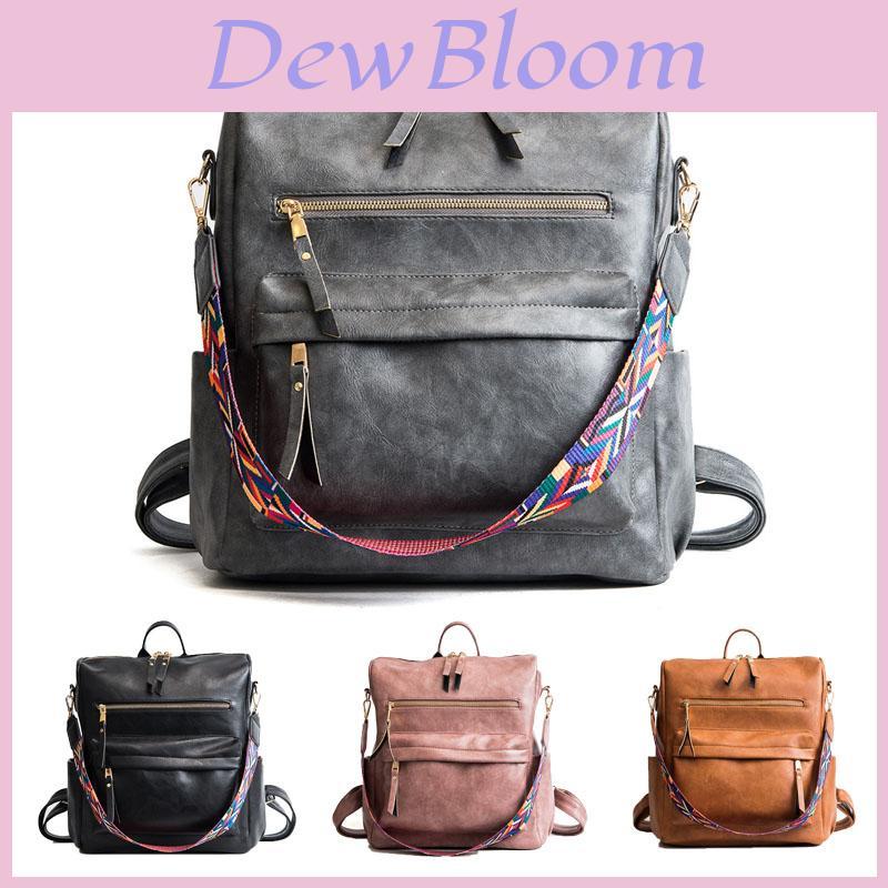 Wear-resistant Women's College Style Backpack In Pure Color Soft Pu Leather