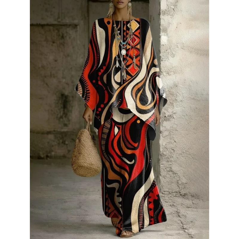 European and American retro bohemian suit exotic 1D printed loose top wide-leg pants temperament casual two-piece set