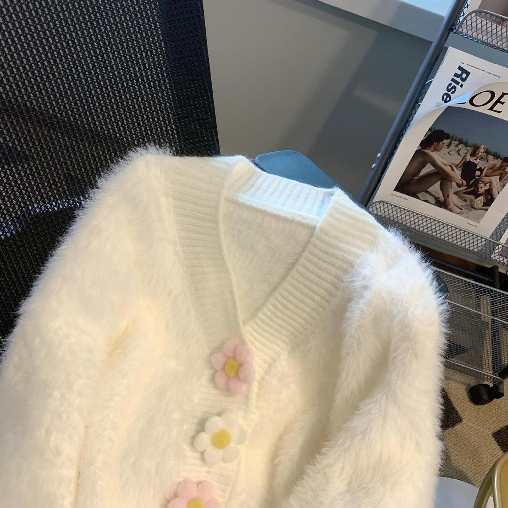 Jarní a podzimní pletený kardigan Imitace norkové fleecové mikiny Sladká barva bonbónu Květinový design Módní Malý invazivní temperament Dámský kabát