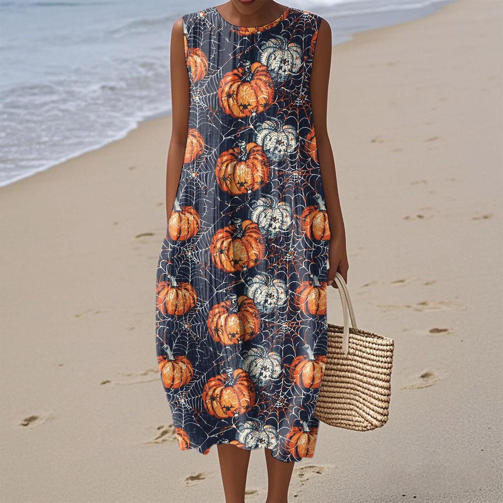 

Women s Fashion Casual Sleeveless Round Neck Zipper Halloween Print Elegant Temperament Dress S