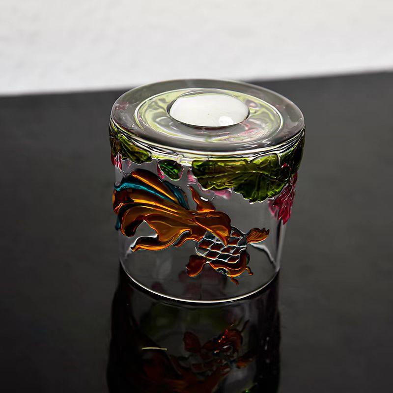 Emboss Drinkware Pressure Reducing Rotatable Mug Whiskey Glass with Base Beer Cup Glassware Koi Fish Lotus Home Cocktail Glass