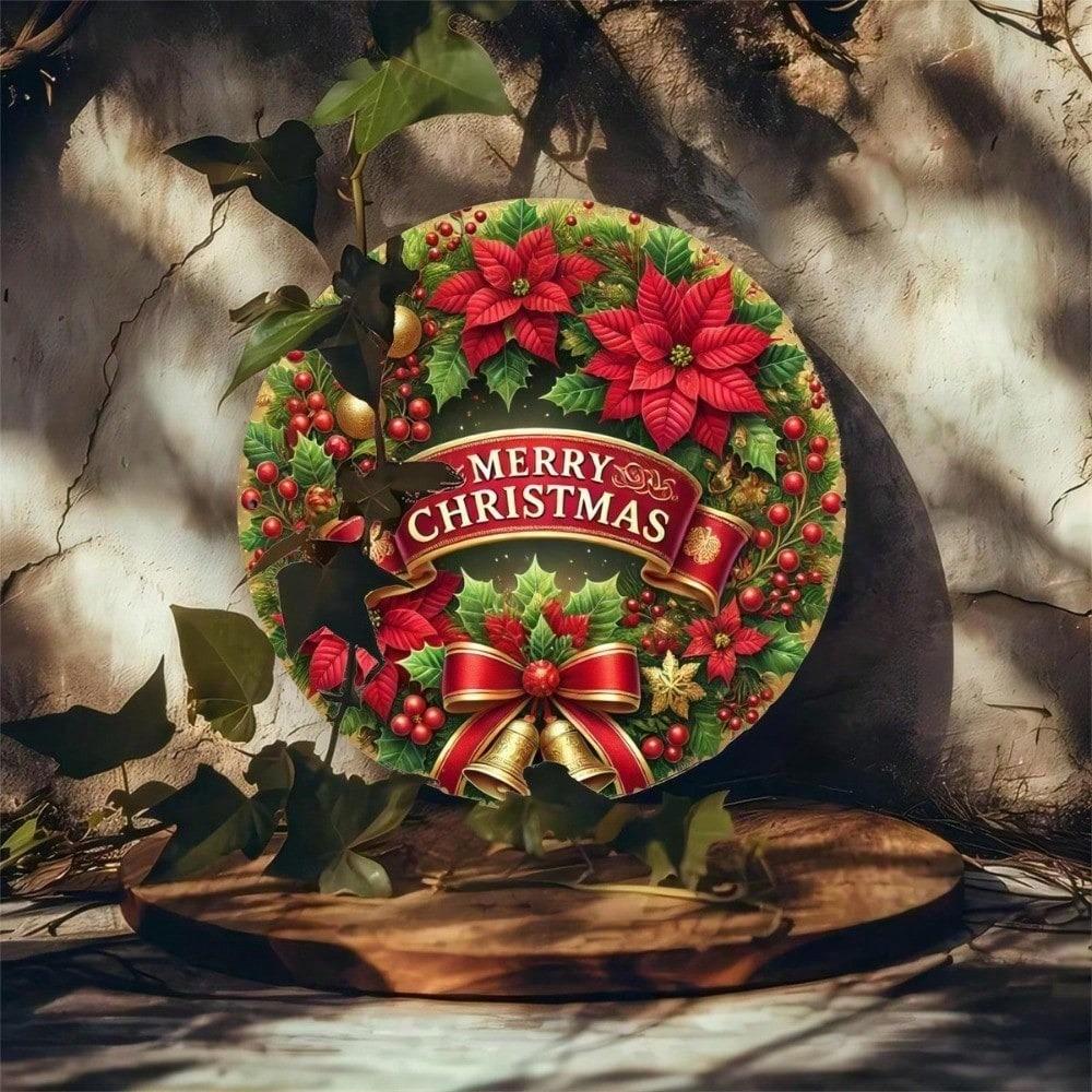 Jinxin Round Metal Christmas Tin Sign 8x8 Inch Poinsettia Wall Decor for Home Kitchen Retro Holiday Art