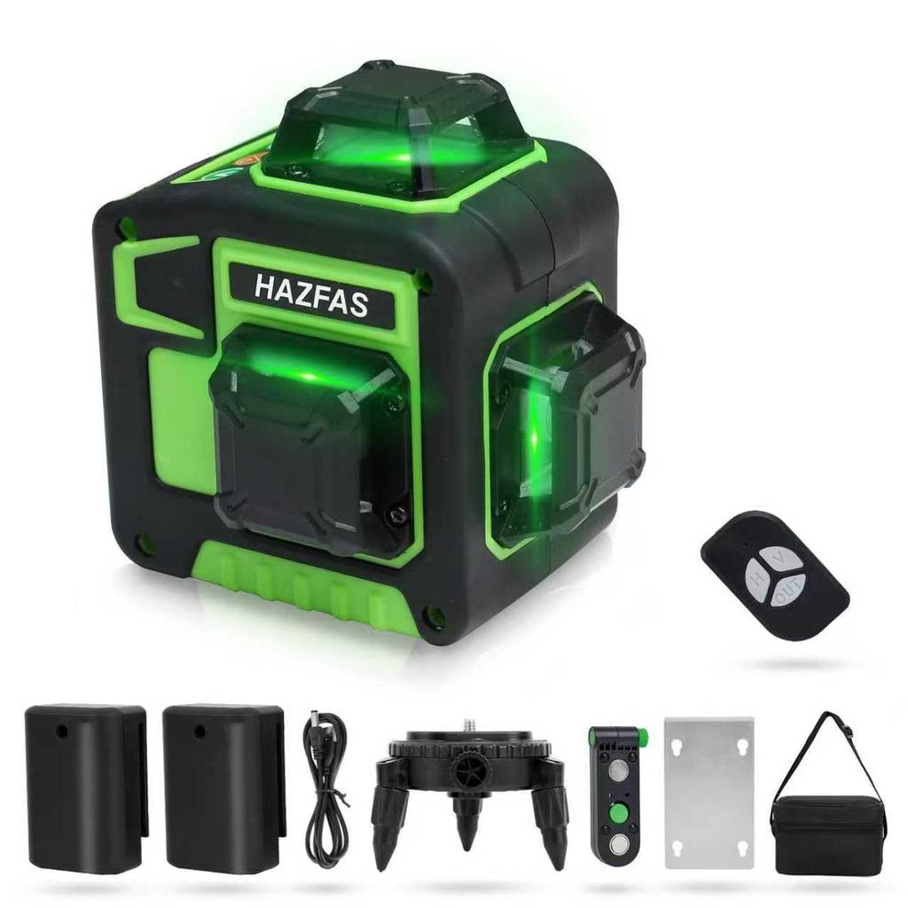 3D Green Laser for Building and Remote Magnetic Rotating Laser Safety Class 12 Lines HEILV-SPY Level, 3x360°, Alignment, Rechargeable, Control, Stand,