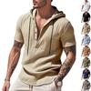 Men's Relaxed Fit Linen Beach Hooded Pocket Henley Short-Sleeved Shirt