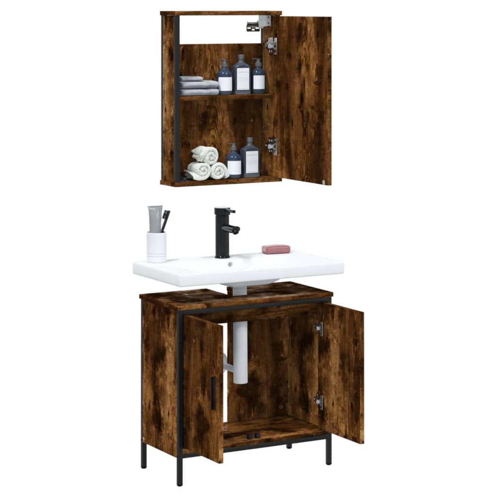 2 Piece Bathroom Furniture Set Smoked Oak Wood Based Material