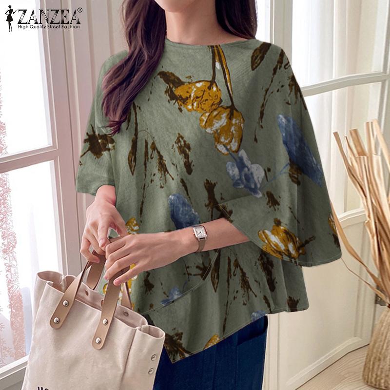 ZANZEA Women Casual Crew Neck Cape Shape Short Sleeve Print Blouse