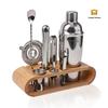 Bartender Barware Set: Wooden Cocktail Tools with Bamboo Storage Base and Stainless Steel Shaker