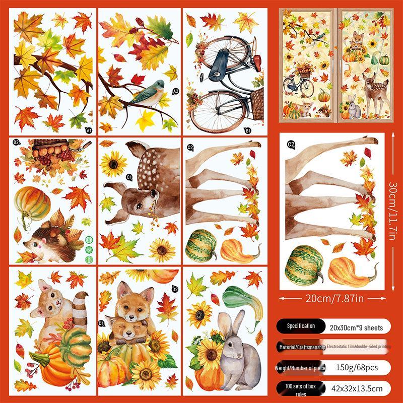 

Наклейки на окна «Осенний лист и тыква» на День благодарения: Милые мультяшные украшения для домашних животных для стекла и дверей 20*30, 9 sheets