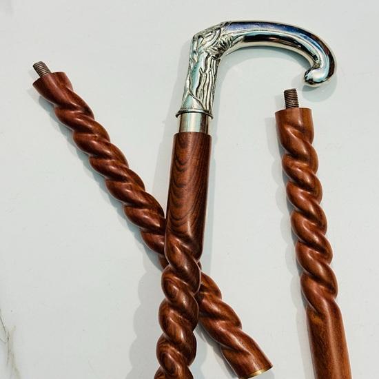 Personalized Twisted Wood Walking Cane: Silver Handle, Engraved Folding Stick Home Decor