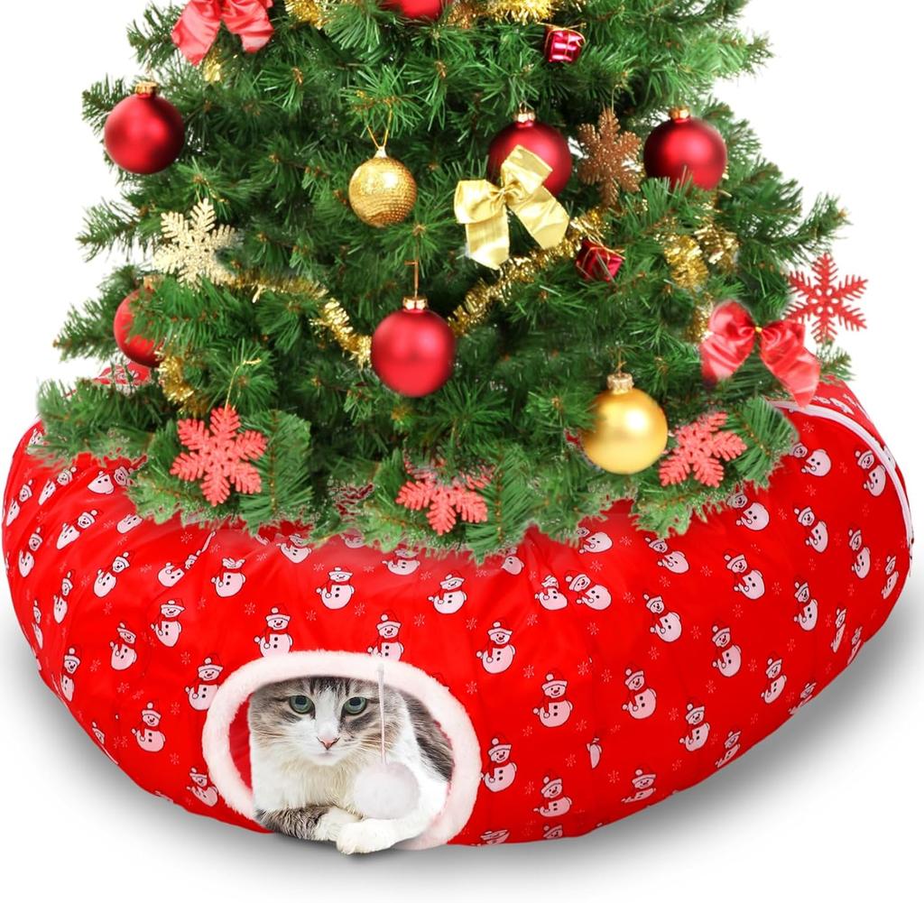 Cat Tunnel with Christmas Tree Skirt, 35.8'' Foldable Kitty Pipeline for Kittens & Small Pets, Xmas Festive Hanging Ball Decorat