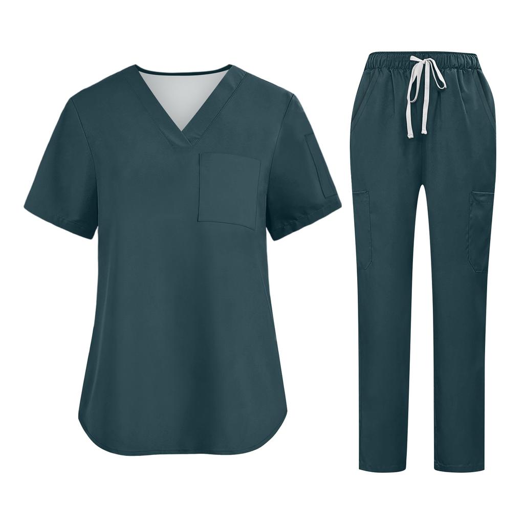 Soild Scrub Working Uniform Suit For Women's Cross V-Neck Short Sleeve Fun T-Shirts Workwear Tee With Pockets