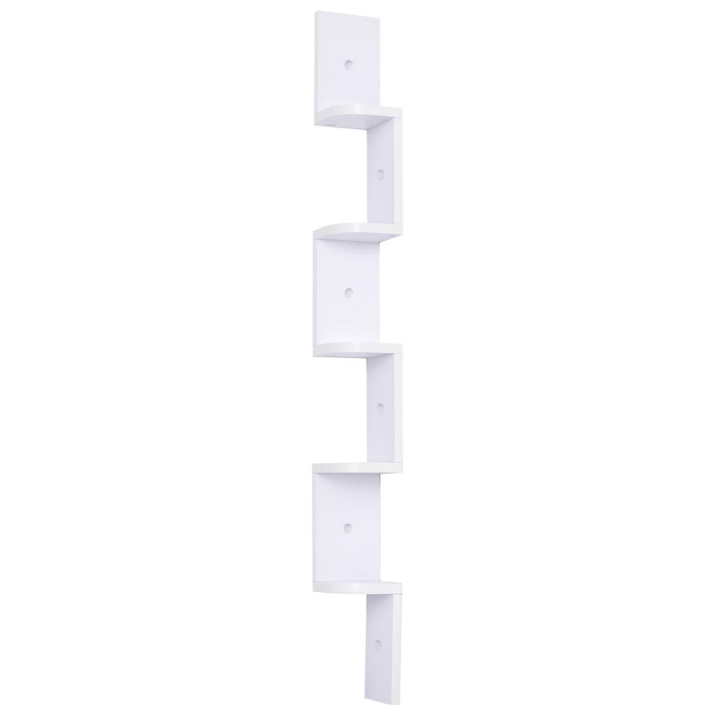 Corner Wall Shelf, 5-Tier, 120 cm High, Zigzag Shape, White Wood