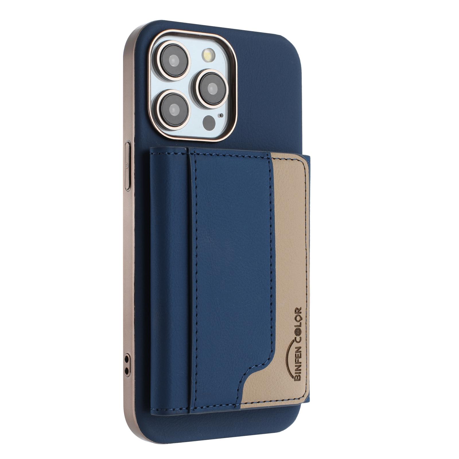 

For iPhone 15 Pro Case BINFEN COLOR BF37 Color Splicing Magnetic Card Holder Leather Back Cover Dark Blue