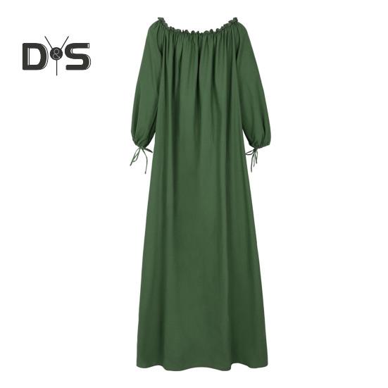 Damenkleid mit schrägem Halsausschnitt, gerafften langen Laternenärmeln, lockere, reine Farbe, plissiert, volle Länge, Urlaub, Strand, Robe, Maxikleid