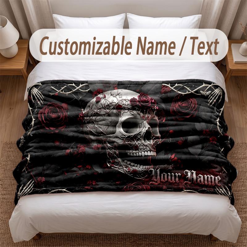 Skull Gothic Theme Soft Blanket Personalized Custom Name Text Print Warm Blanket Home Sofa Bedroom Decor