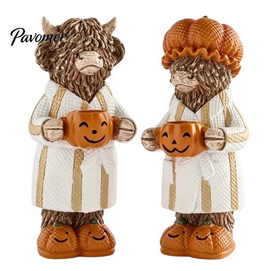 Charming Fall Housewarming Presents Halloween Highland Cow Figurine, Resin Statue with Pumpkin Mug, Spooky Seasonal Tiered Tray Decor Farmhouse