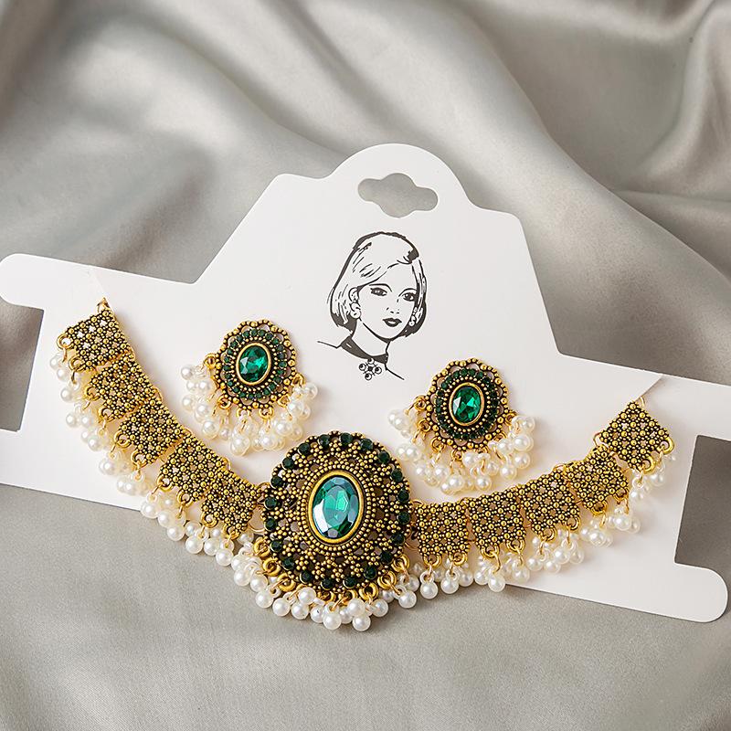 European and American cross-border sources, full of pearl sequins, beautiful glitter, vintage necklace set, earrings, personalized color-blocking ear