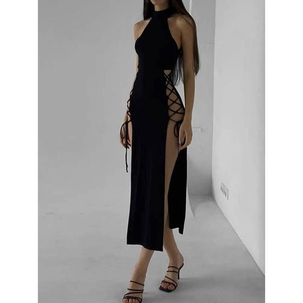 Goth Gothic Dress Cosplay High Split Sexy Bandage Women Dress Halter Slim Midi Dark Black Grunge Partywear