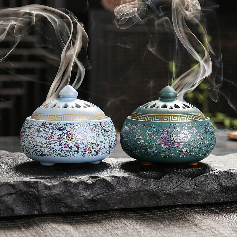Enamel Lotus Pattern Ceramic Incense Burner for Home Use