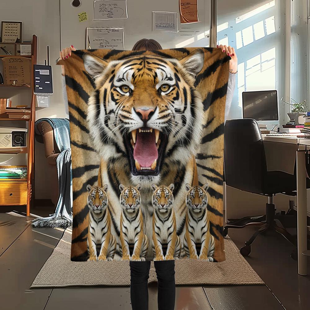 1Pc Tiger Lion Print Flannel Blanket, High Quality Comfortable for All Seasons, Home Decor, Warmth and Comfort, Perfect for Gifts