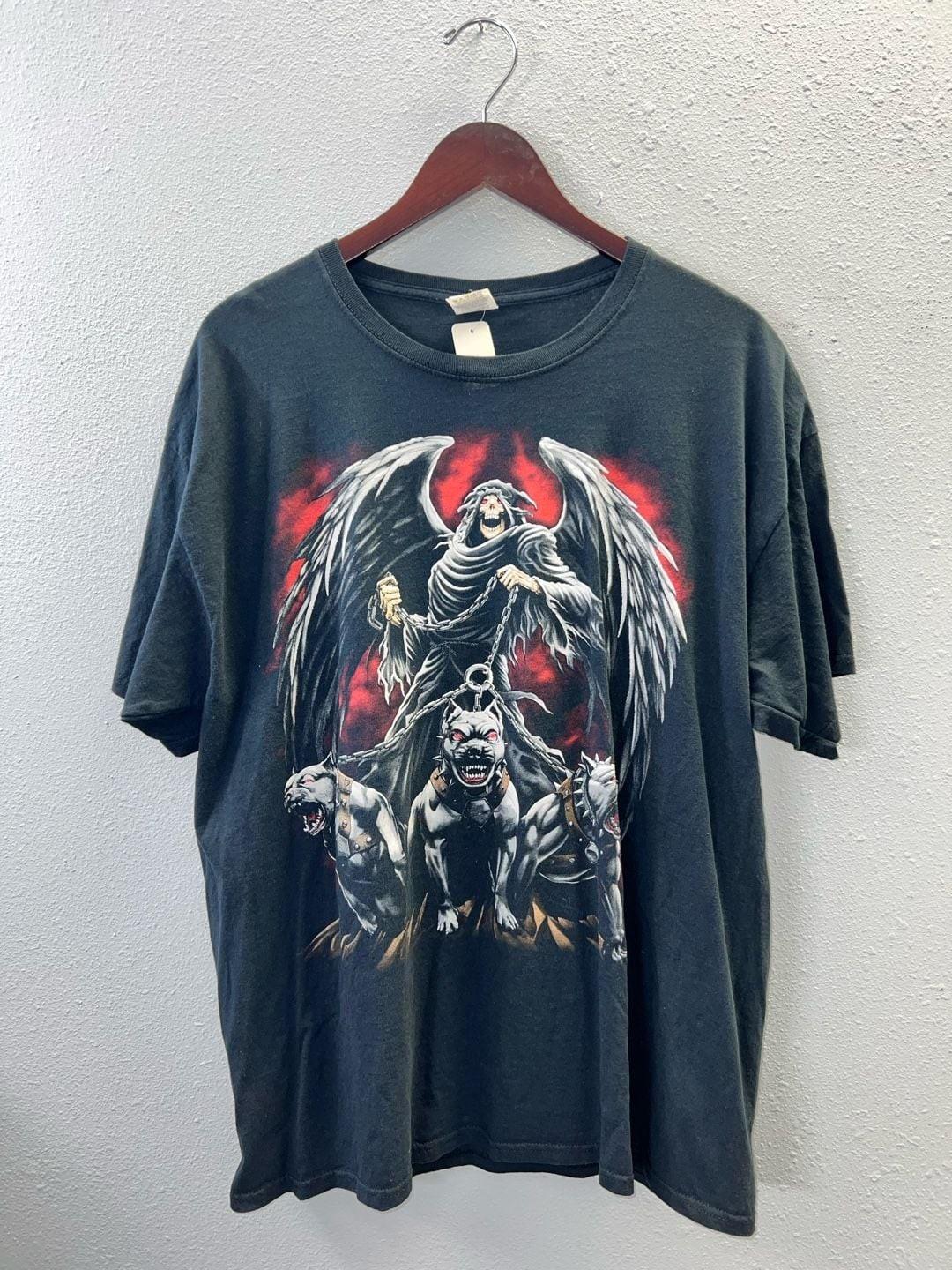 Vintage Grim Reaper Cerberus Hellhounds Graphic T Shirt Black Tee XL 2217 Unisex T-Shirt M