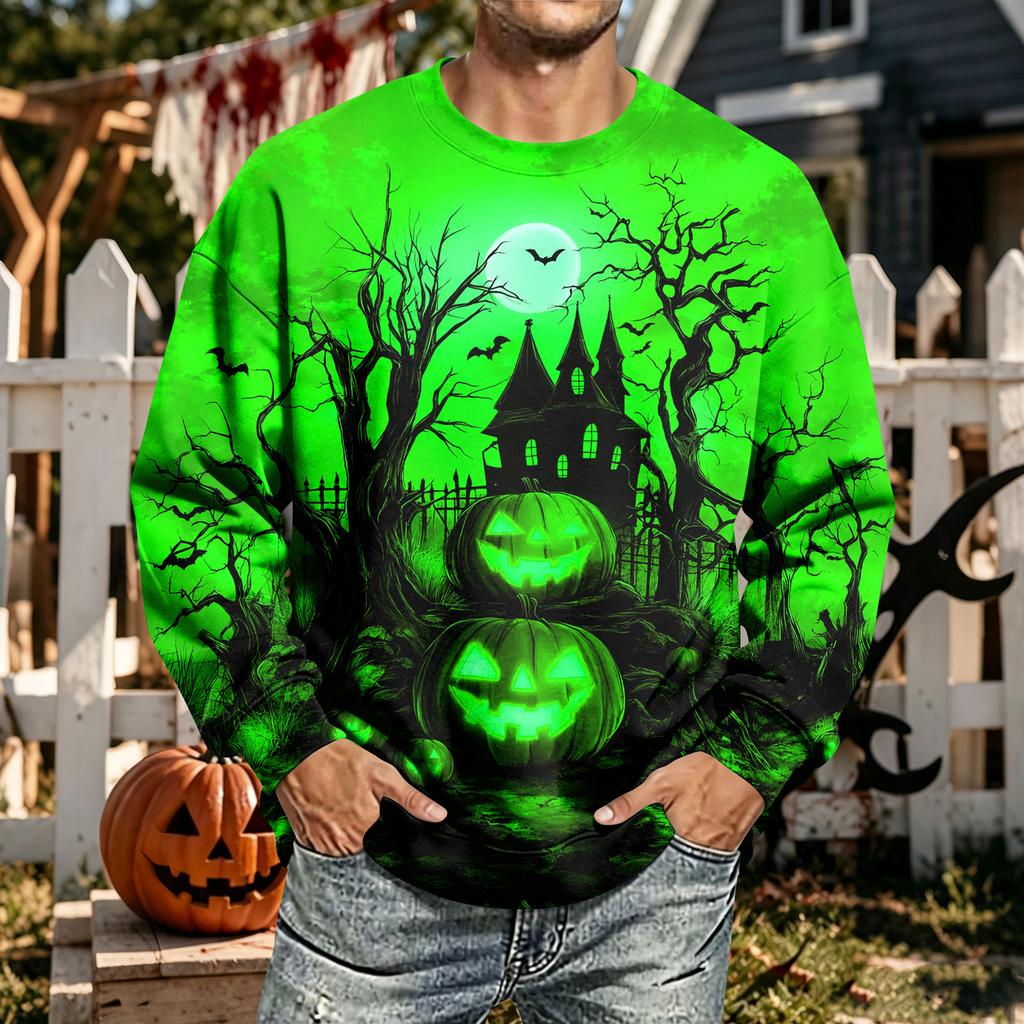 Men's Halloween Print Neck Long Sleeve Sweatshirt Casual Pullover Top