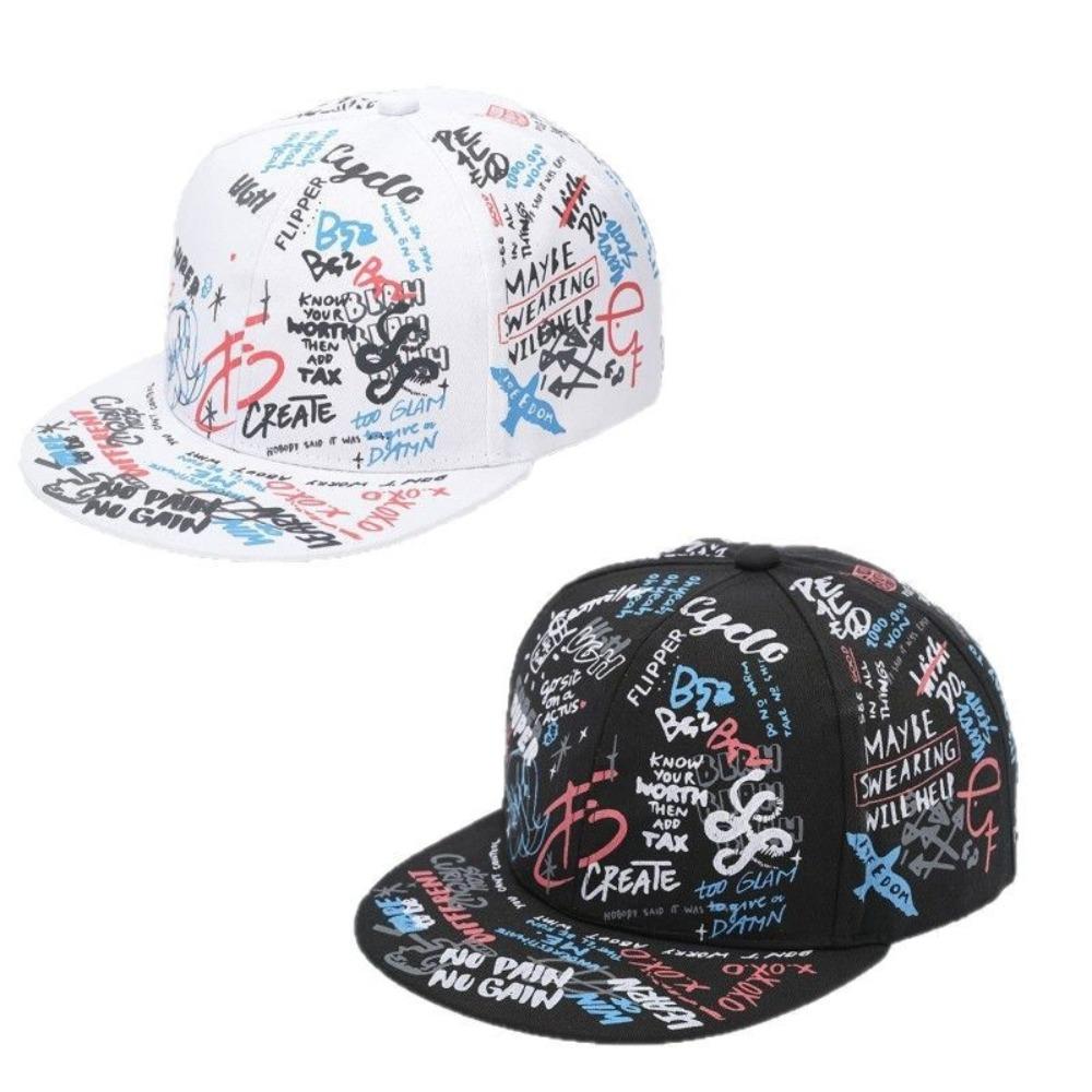All-Over Letter Print Graffiti Baseball Cap Flat Brim Adjustable Snapback Cap Sun Protection Sunshade Hats For Man Women Unisex