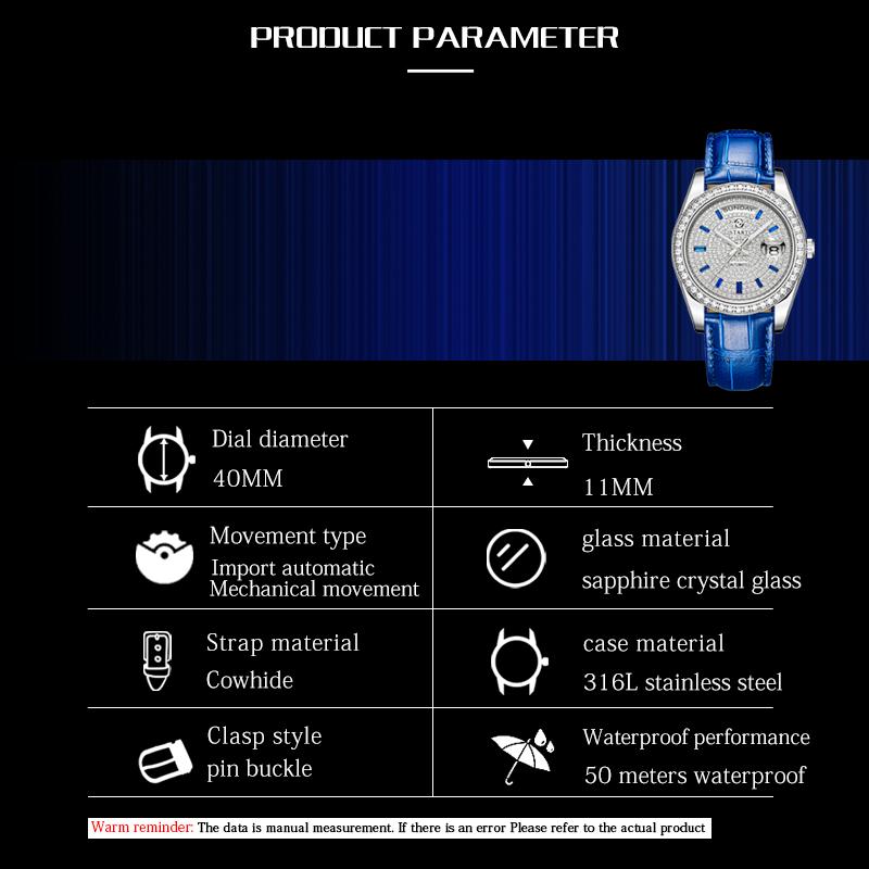 Start Gypsophila-Uhr, modische Herrenuhr, Diamant-Zifferblatt, automatische mechanische Uhr, Lederuhr, wasserdicht, Datums- und Wochenfunktion