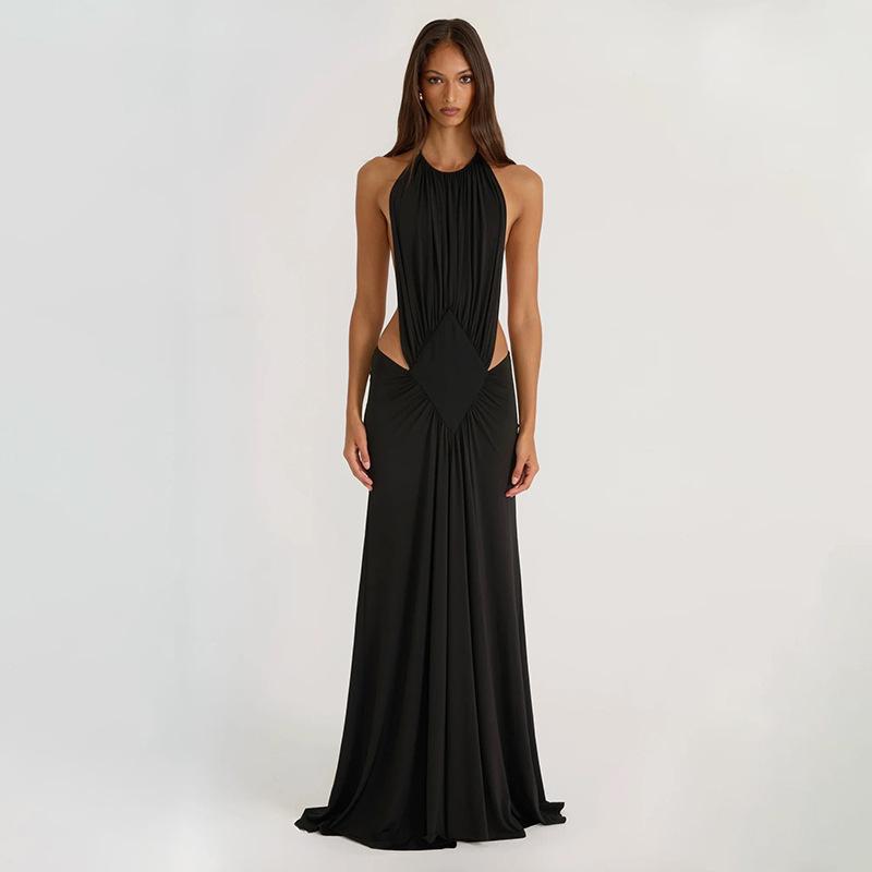 Summer new European and American women's clothing solid color sleeveless slim neck strap sexy backless dress women