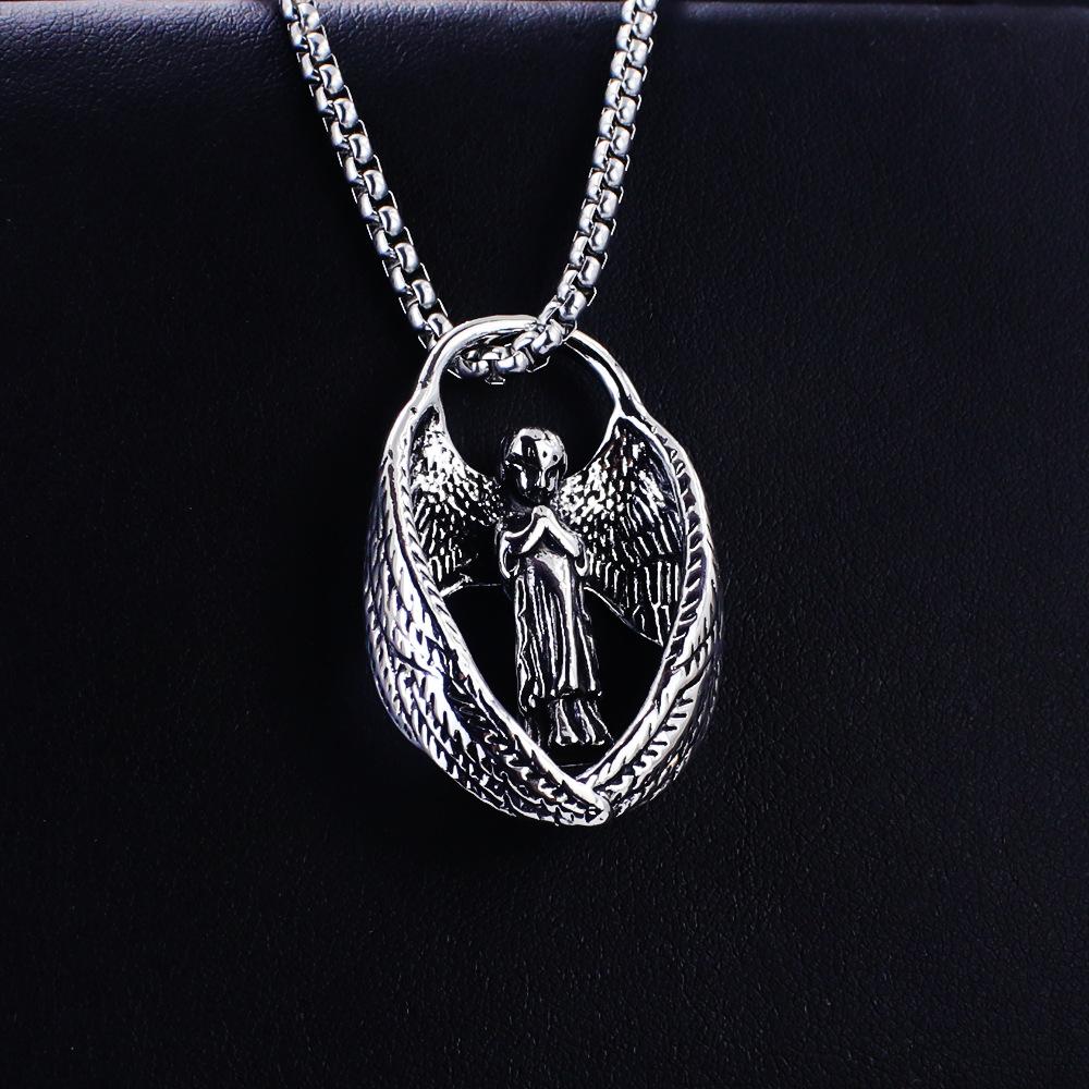 Titanium Steel Retro Angel Wings Necklace Men s and Women s Trendy European and American Feather Pendant 60CM