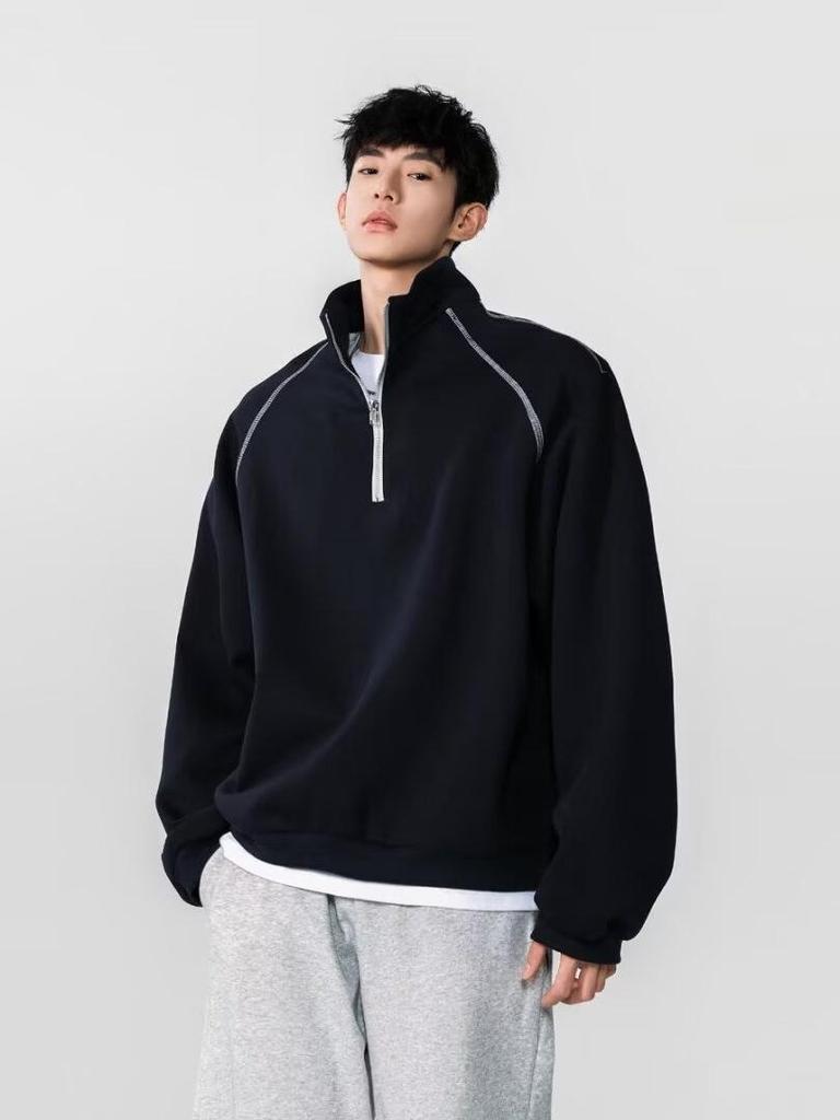 Men's American Street Style Double-Sided Fleece Half-Zip Long-Sleeve Solid Color Base Layer Top