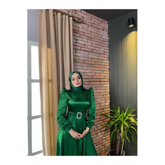 Women's Satin Hijab Evening Dress with Stone Buckle Waist and Flared Skirt
