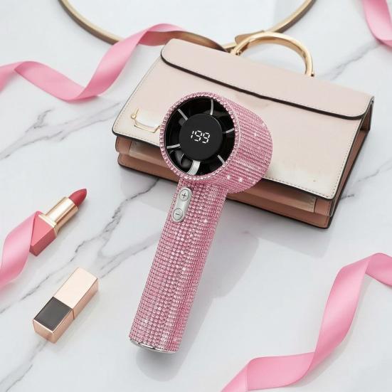 Rhinestone Handheld Fan with Digital Display Turbo High Speed Portable Mini Fan Quiet