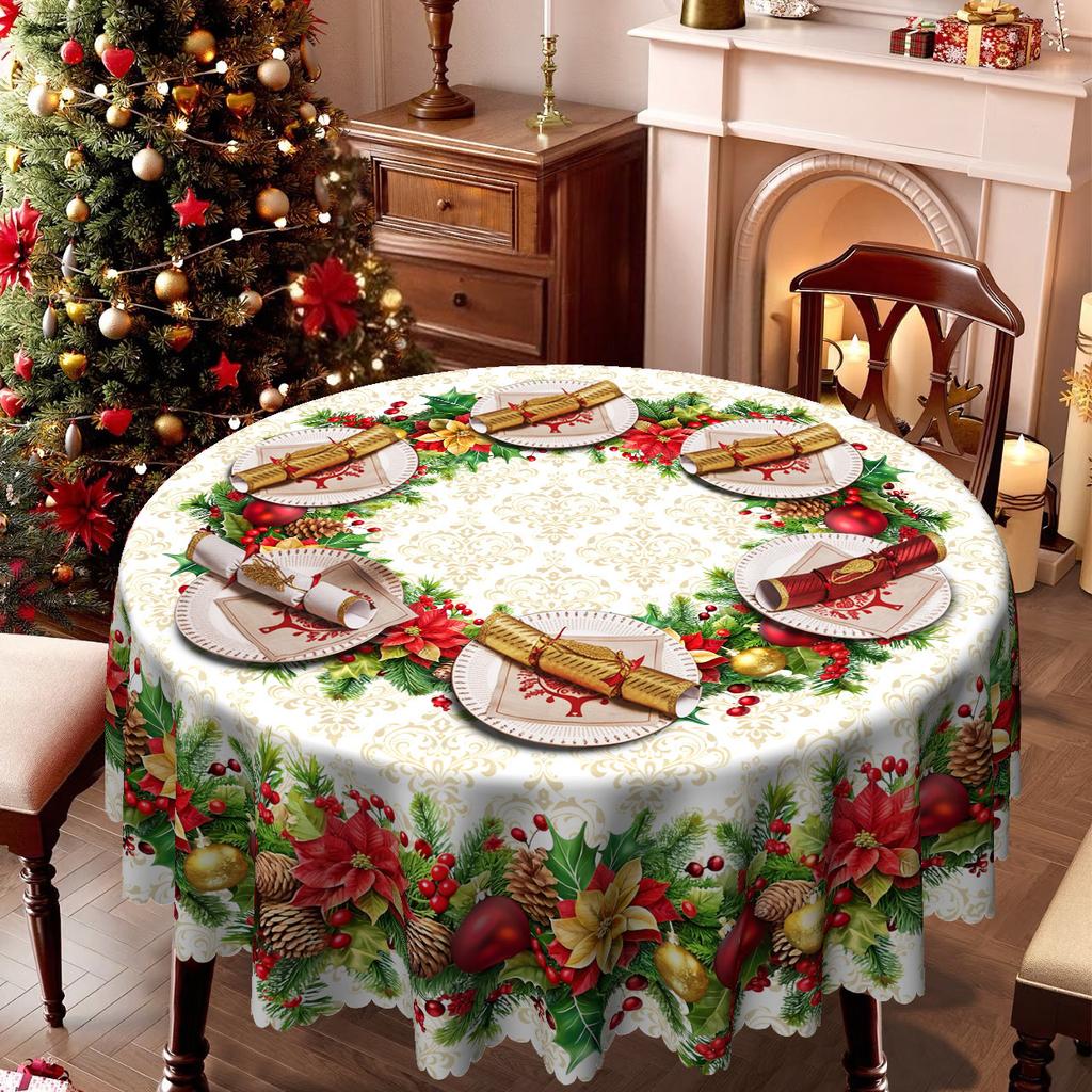Christmas Table Round Tablecloth, Flower And Bird Pattern Waterproof Tablecloth, Holiday Table Arrangement Coffee Table Decorative Cloth