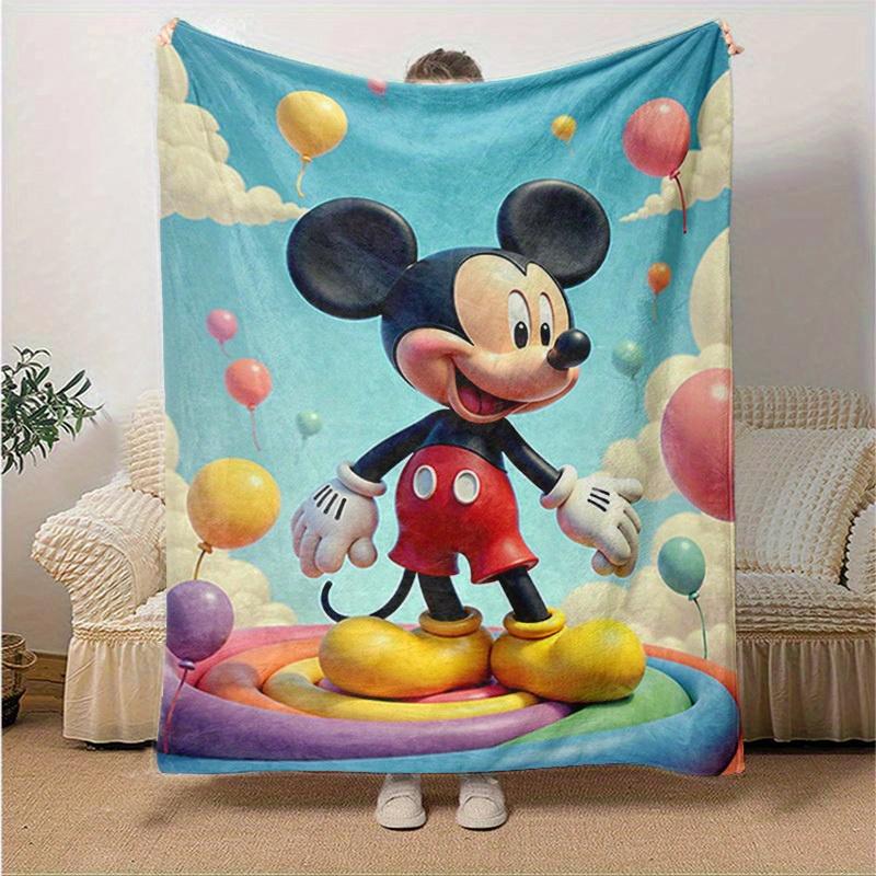 1pc, Mickey Mouse Inspired, Colorful Balloons, Happy Birthday Gift, Seasonal Decorative Blanket, Soft Flannel Throw Blanket, Living Room, Tr