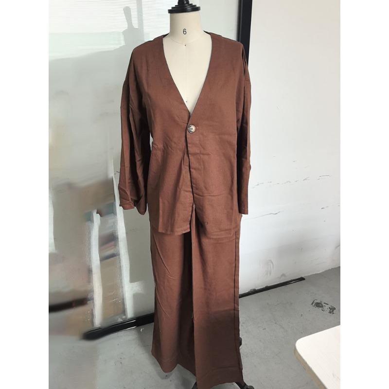 Cotton Linen Pants Suits Women 2-piece Set Loose V-neck Top with Elastic High Waist Wide Leg Pant No Pocket Commut Casual 2025 Spring Summer