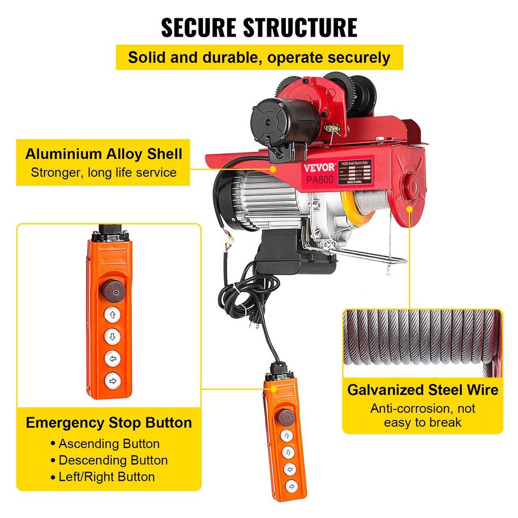800Kg/1700Lbs Electric Trolley Hoist 1300W Electric Hoist Winch Double 12M/40Ft , Electric Hoist Electric Forklift Steel Pallet Holder Lever Garage