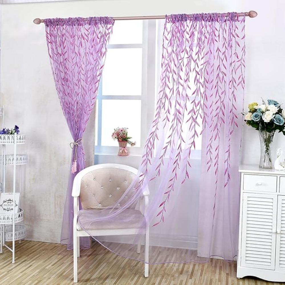 Pieces Window 2 Willow Leaf Curtain Voile Tulle Room Salix Leaf Sheer Vine Drapes Curtain Willow Leaf Curtain For Living Room Bedroom Balcony