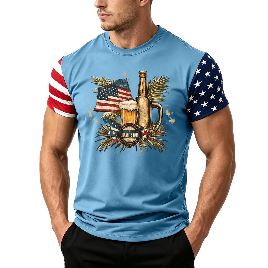 Men's Short Sleeve Loose Fit T Shirt with Flag and Beer Print Casual Crewneck Summer Top for Daily Wear Holiday Events